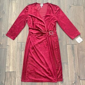 Anne Klein Red Velvet Metallic Faux Wrap Dress 10 NWT